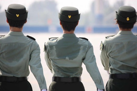 Soldiers exercise for military parade on Oct.1