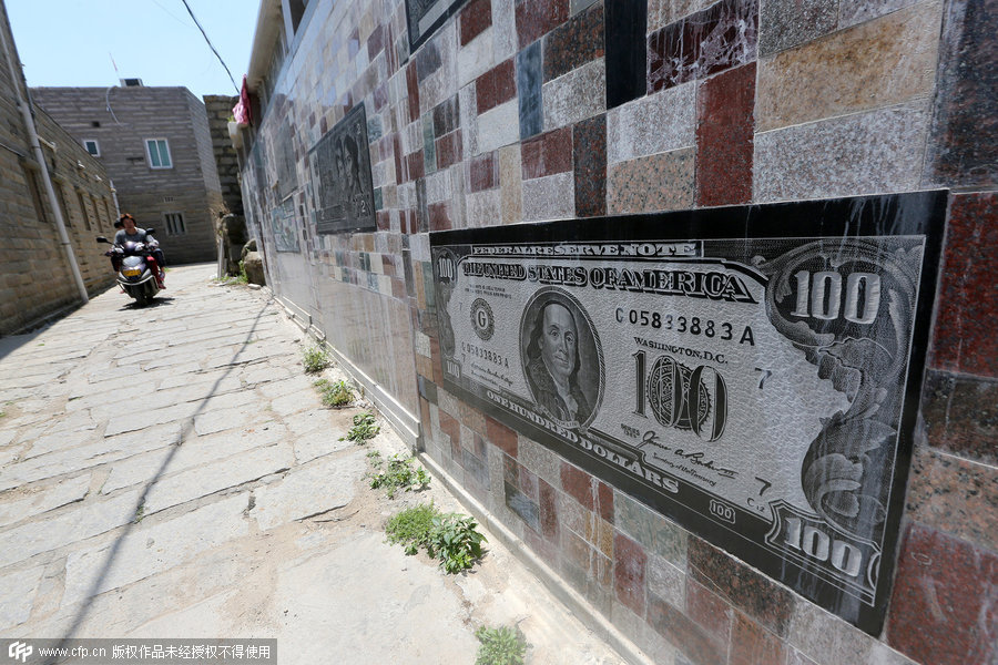 Villager decorates wall with banknote images