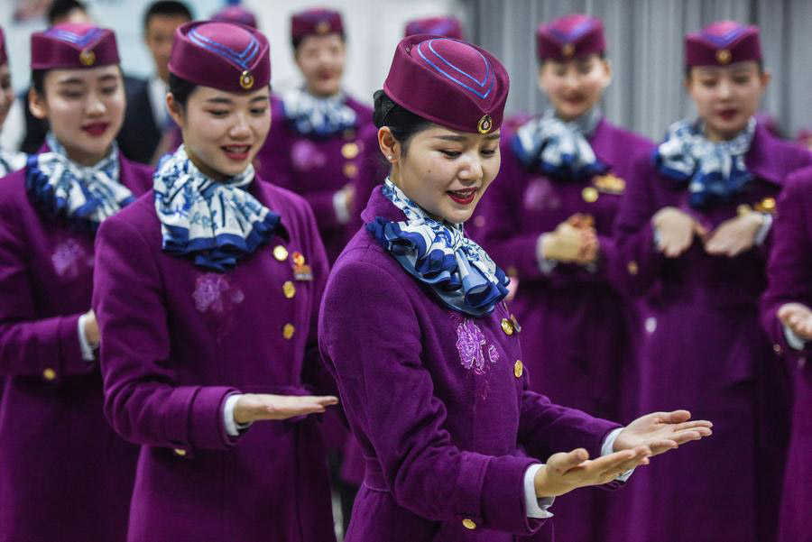 High-speed train stewardesses receive training in SW China