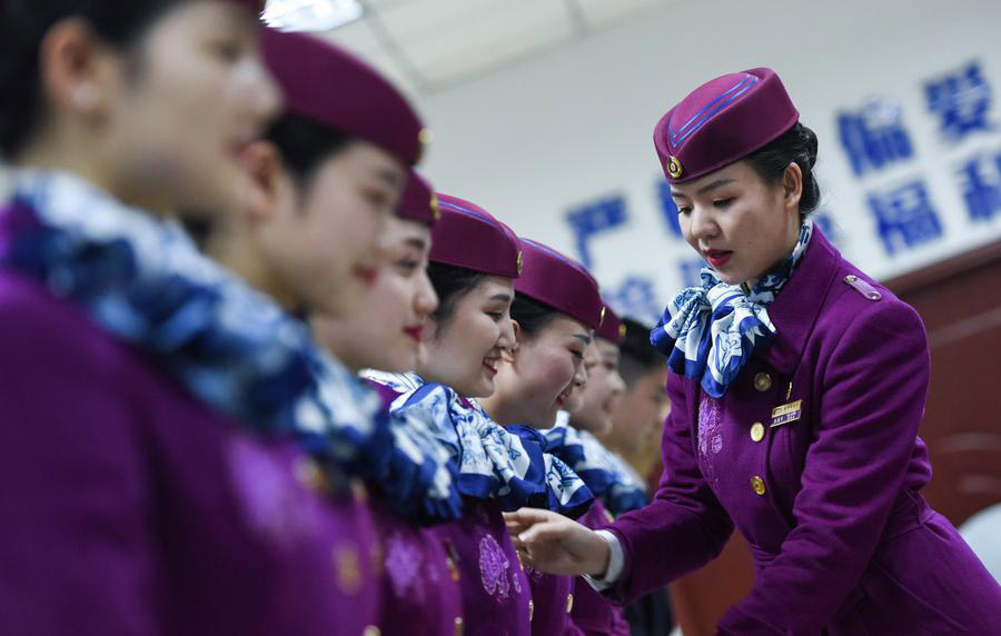 High-speed train stewardesses receive training in SW China