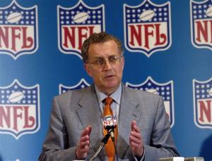 National Football League commissioner Paul Tagliabue speaks with members of the media during the NFL annual meeting, in this March 30, 2004 photo, in Palm Beach, Fla. [AP]