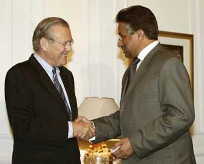 Secretary of Defense Donald Rumsfeld meets with Pakistan President Perez Musharraf in the Army House, his official residence, in Islamabad April 13, 2005. Rumsfeld held talks with Musharraf as a security threat kept the American consulate in Karachi closed for another day. (Pool/Reuters) 