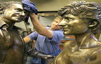 Innocent Victims - a bronze statue of Diana, Princess of Wales and Dodi Al Fayed, at the Bronze Age foundry, in east London, Wednesday Aug. 24, 2005. Commissioned by Dodi's father, Harrods' owner Mohamed Al Fayed, the sculpture by family friend Bill Mitchell is due to be erected in the famous Knighstbridge department store.[AP/Photo]