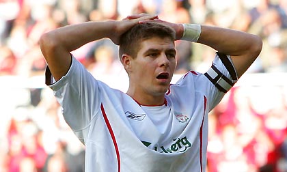 Liverpool's Steven Gerrard reacts after missing a shot at goal during their English Premier League soccer match against Middlesbrough at the Riverside Stadium in Middlesbrough August 13, 2005. 