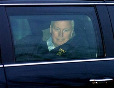 Vice President Dick Cheney leaves George Washington University Hospital, Monday Jan. 9, 2006, in Washington. 