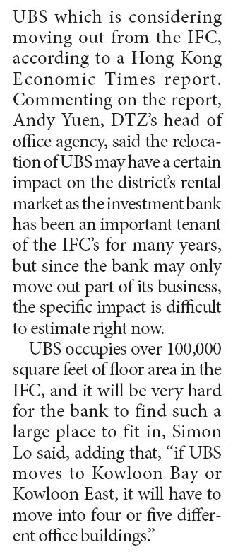 HK prime area office rent may fall 10% more in H2