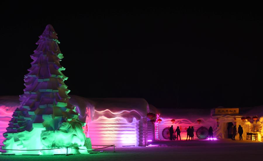 Night view of sculptures at snow expo in NE China