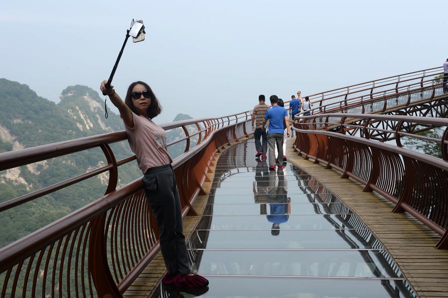 Scenery of plank road on cliff of Shaohua Mountain