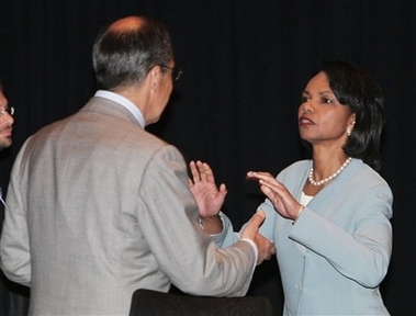 U.S. Secretary of State Condoleezza Rice, right, talks with Russian Foreign Minister Sergey Lavrov before the multilateral talks during ASEAN Regional Forum in Kuala Lumpur July 28, 2006. Friday, July 28, 2006. [AP]